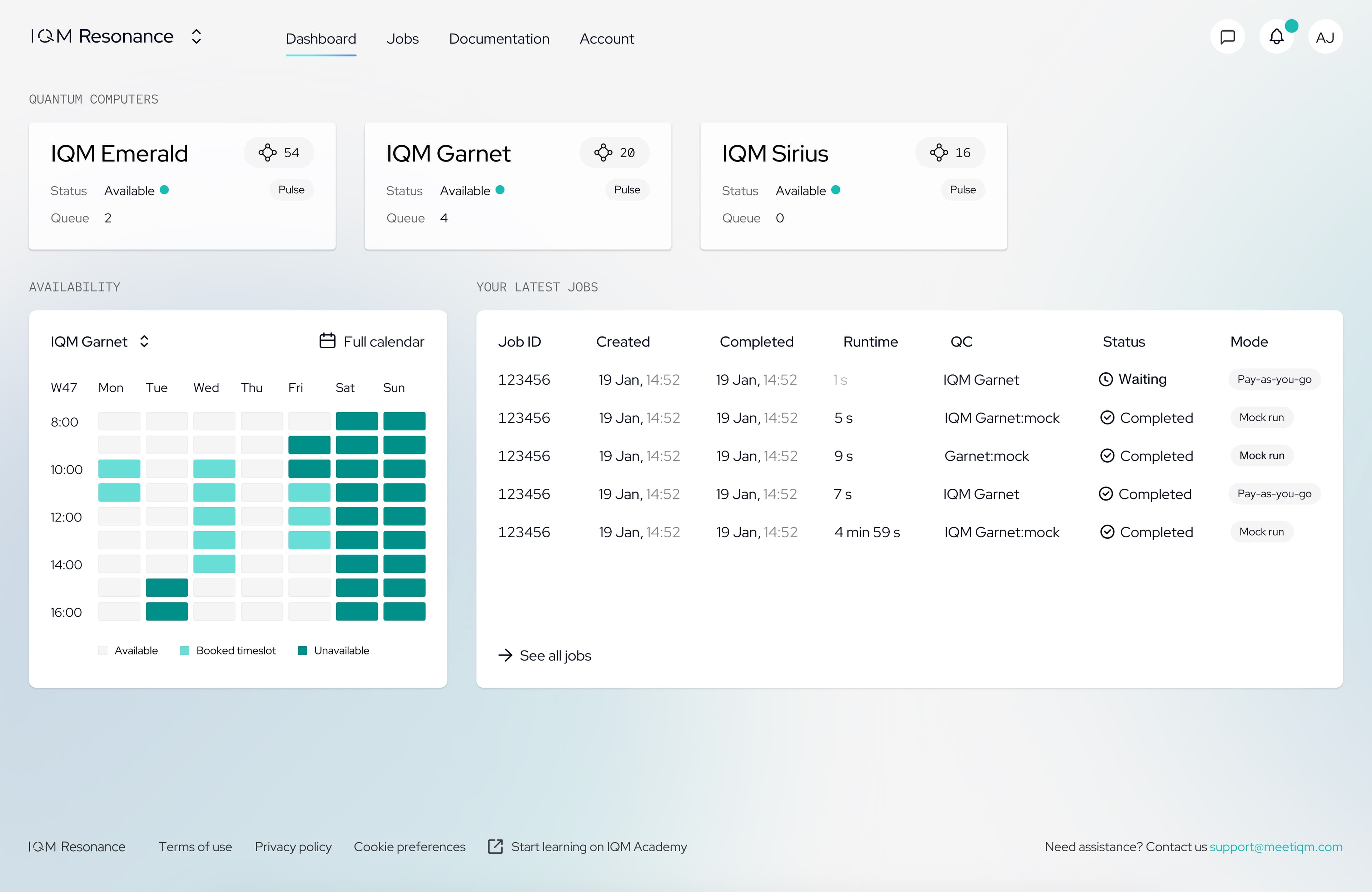 IQM Resonance dashboard showing quantum computers, availability and recent jobs